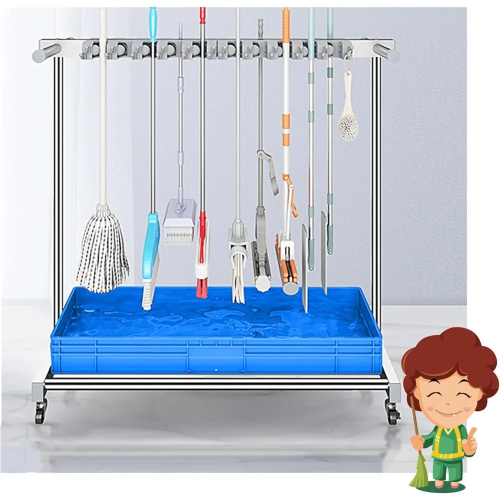 Carro de herramientas de limpieza de suelo para soporte y almacenamiento de fregona, organizador para suministros de limpieza y escurridor de fregona húmeda