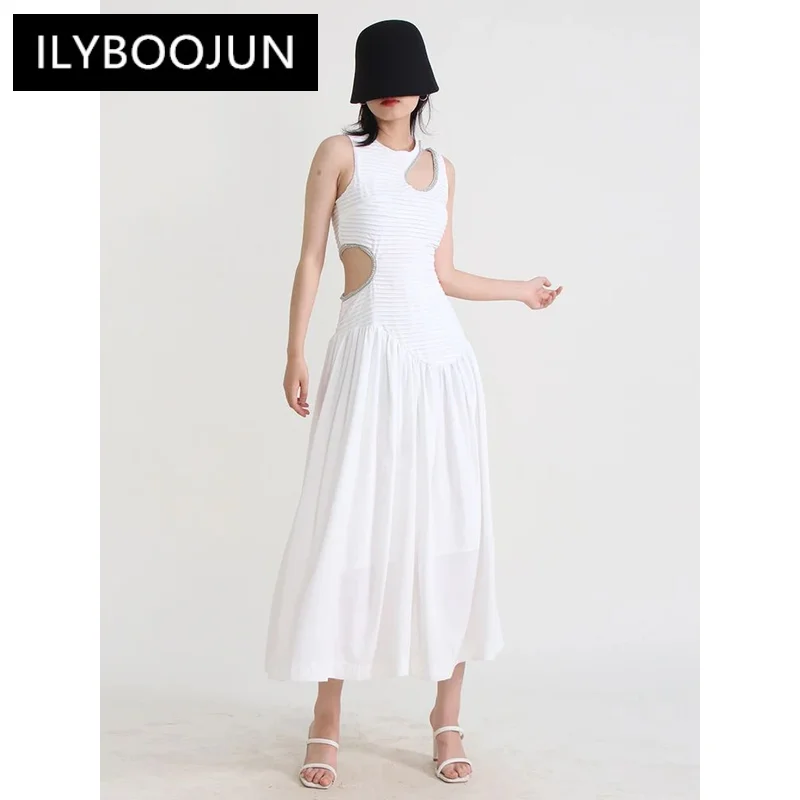 

ILYBOOJUN Hit Color Loose Dresses For Women Round Neck Sleeveless High Waist Temperament Dress Female Fashion Clothing New