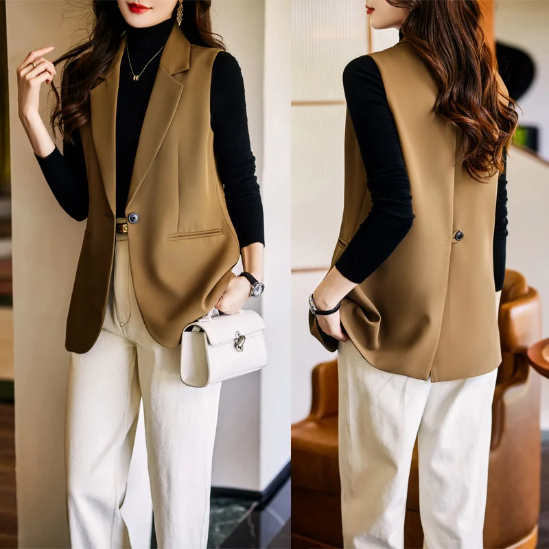 Brown Blazer Vest Coat Women's Spring and Autumn2023New Small Fashion Camisole High-Grade Split Top