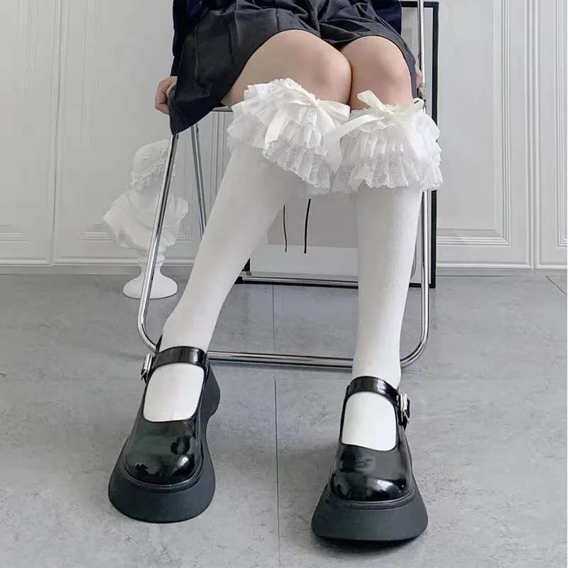 Lolita Lace Knee High Socks Fairy Maid Bow Knot Cotton Sweet Girls JK Stockings Princess Japanese Ruffles Long Socks