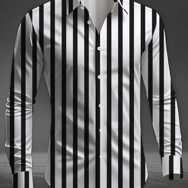 T Shirt Men's Vertical Stripe Print Long Sleeve Shirt Fashion Slim Fit Button Down Casual Business Blouse Tops Camisas Masculina