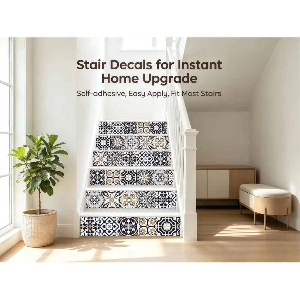 20 Pcs/pack Vintage Floral Tile Stair Decals  Home Staircase Wardrobe Cabinet  Wall Border Home Renovation Art Mural Decals