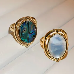 Vintage Stainless Steel Geometric Oval Rotatable Natural Stone Opal Rings for Women Gold Plated Waterproof Gothic Jewelry Bijoux