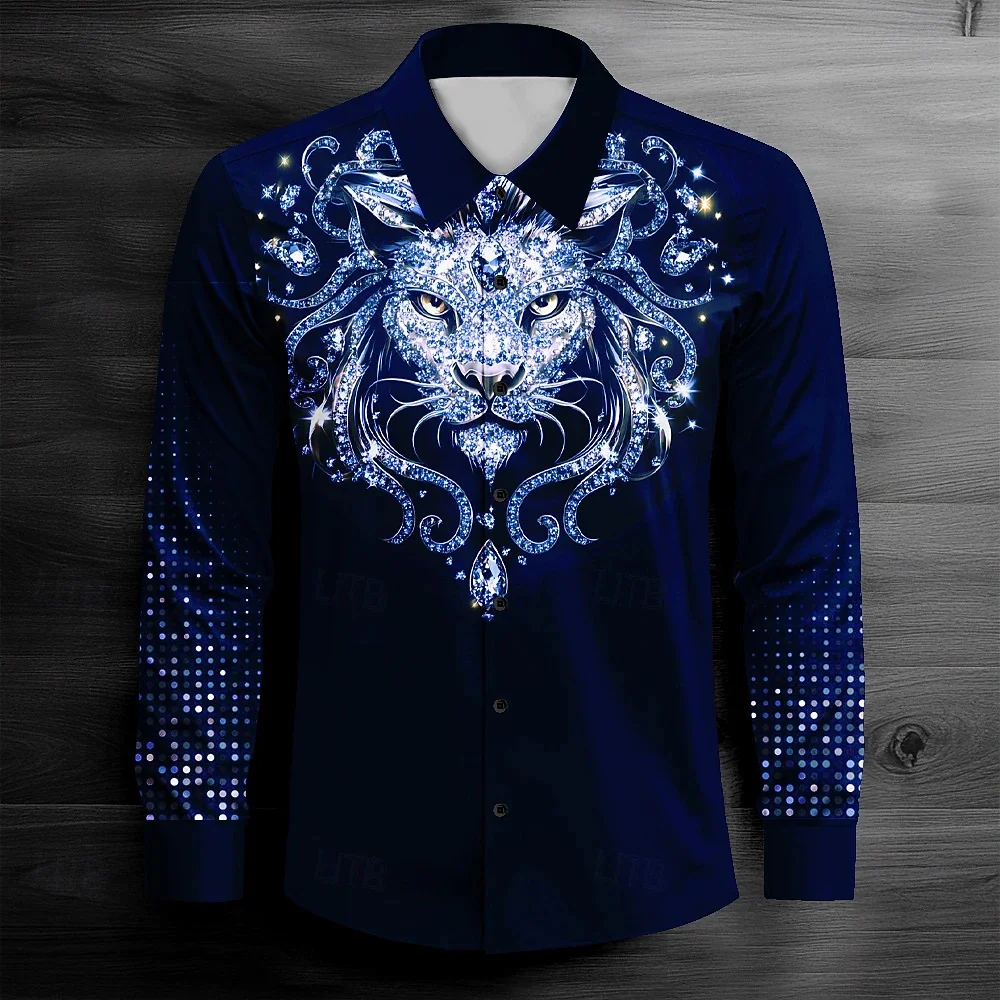 New Light Luxury Shirt with Hidden Blue Satin Sparkling Diamond, Lion Vine Art Printed Long Sleeve Shirt