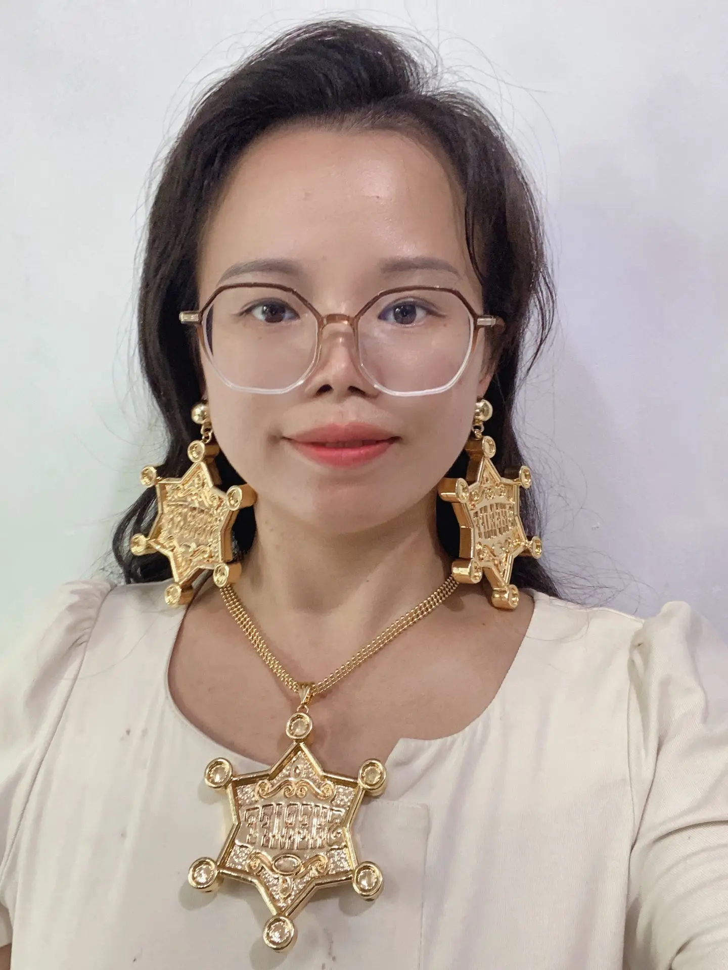 

Unique Six Pointed Star Huge Big Light Weight Two Piece Jewelry Set For Women Charming Pedant Collar Earrings Pedants Jewellery