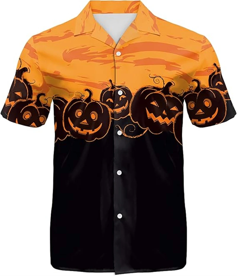 

Halloween Men's Shirt New Casual Holiday Party Shirt Men's Casual Street Short Sleeved Fashionable Pumpkin Head Printed Shirts