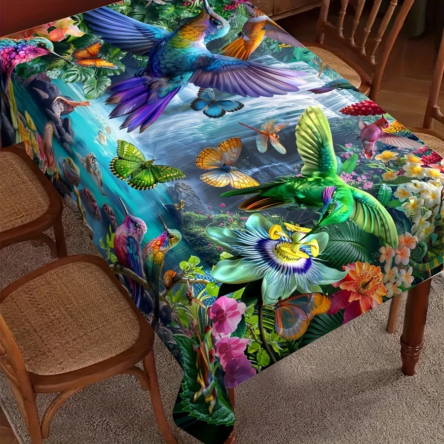 1pc Vibrant Waterfall Forest Bird Tablecloth with Butterflies,Polyester Rectangular Machine-Woven Indoor Decor for Living Room, Bedroom, Parties, Holidays - Perfect Gift, Holiday Table Setting | Hummingbird Design | Easy Maintenance Fabric, Bird Decor