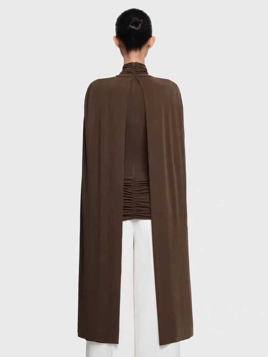 VGH Premium Feel Solid Slimming T Shirts For Women Turtleneck Long Sleeve Autumn Elegant Folds T Shirt Female Fashion Style New