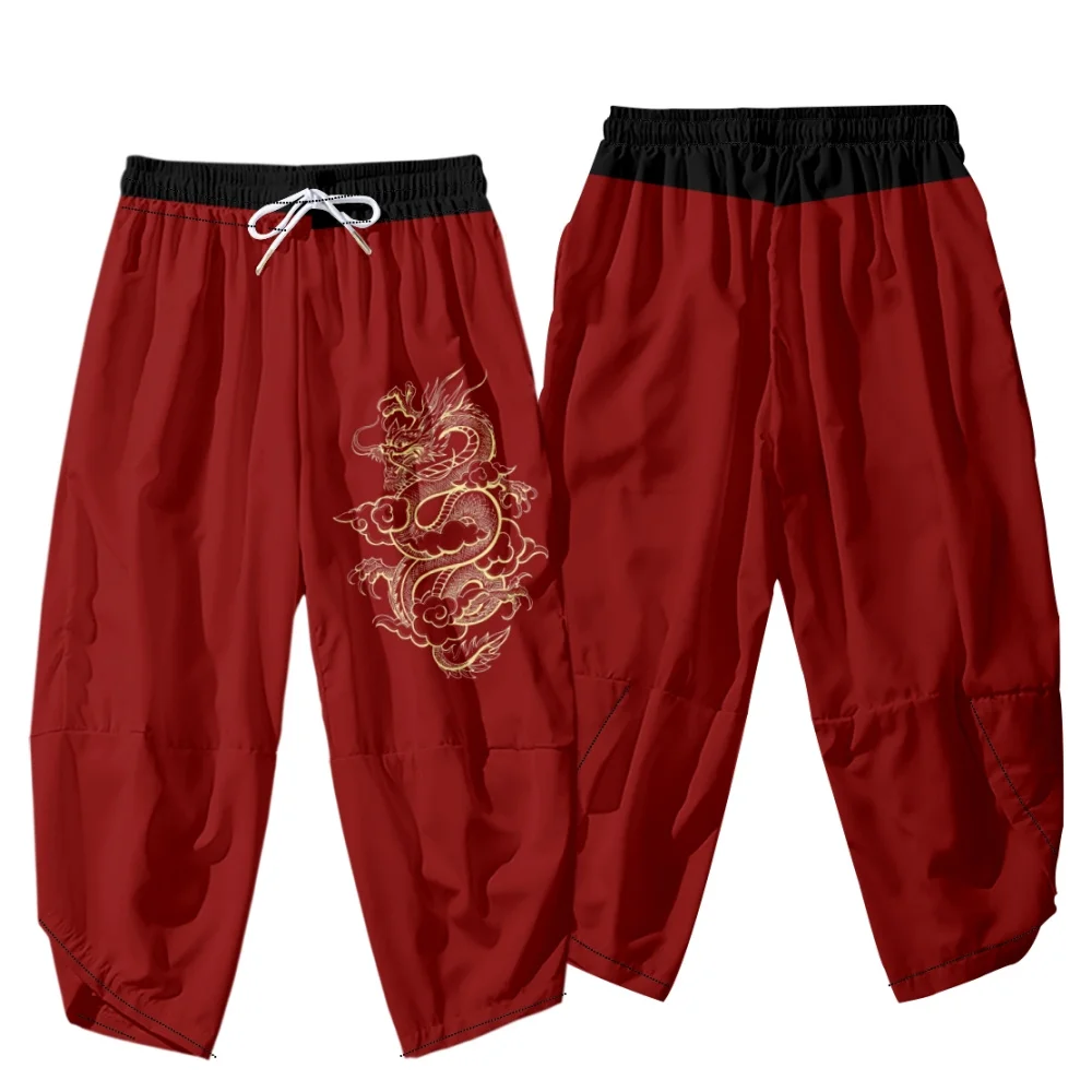 

Cartoon Chinese Dragon Printed Red Men Japanese Harem Trousers Casual Elastic Waist Kimono Cropped Pants Cosplay Costume