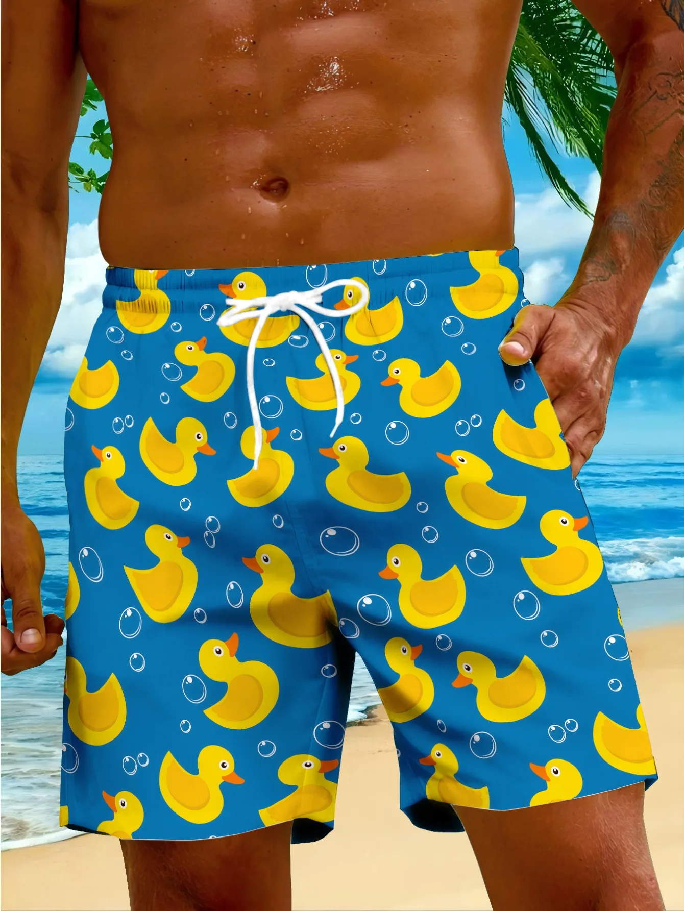 Summer Men's Shorts with Full Print of Little Yellow Duck, Beach Pants for Seaside, Eye-Catching Exclusive Item with Drawstring