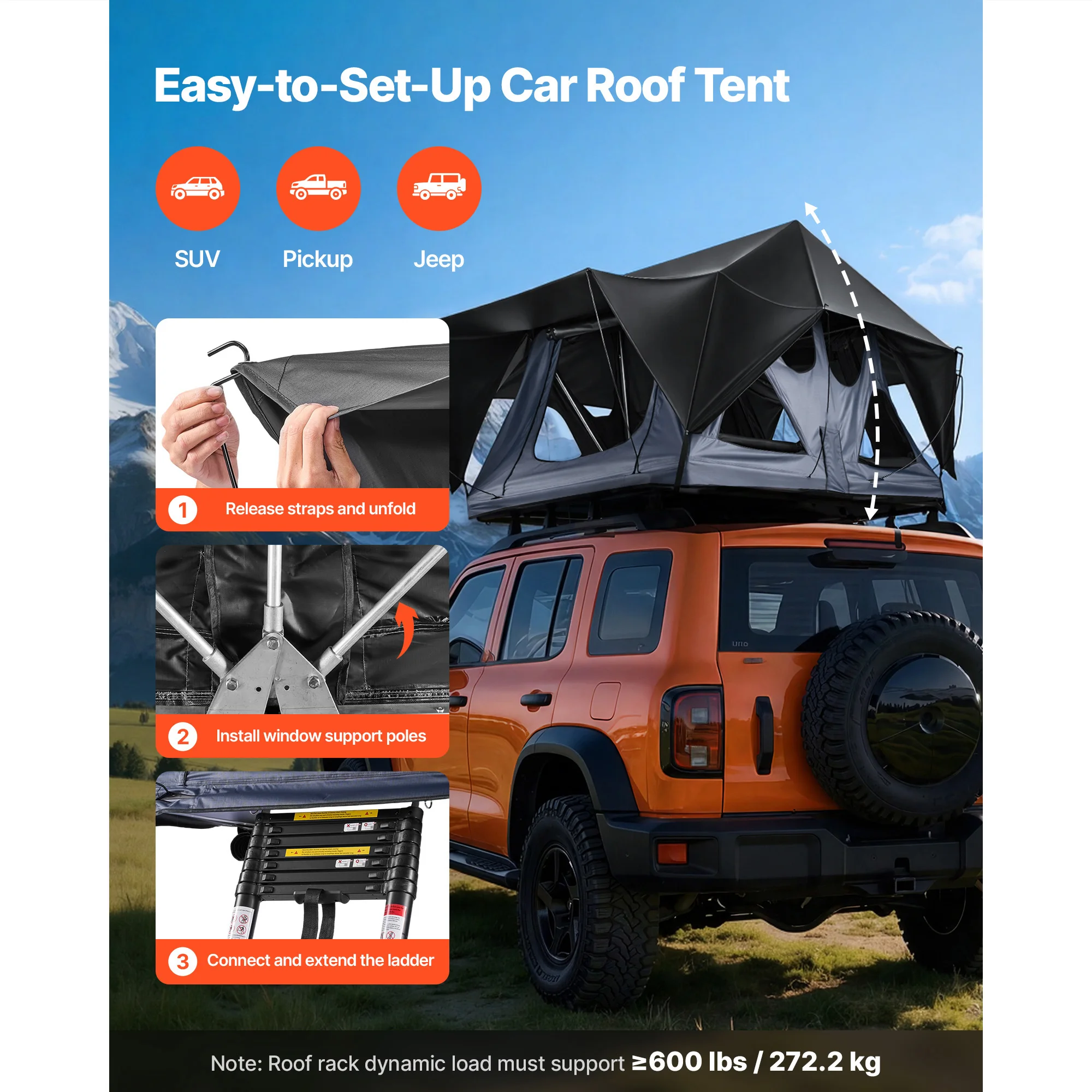 VEVOR Rooftop Tent 2-3 Person Foldable Aluminum Roof Top with LED Light Mattress 10 Windows Waterproof Windproof for Jeep SUV
