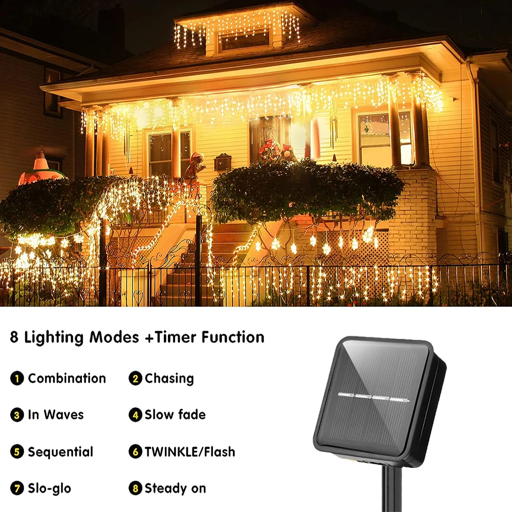 Guirnalda de luces de carámbanos solares, 7,5 M, 160Leds, decoración de aleros al aire libre, cortina para fiesta de boda, decoración navideña,