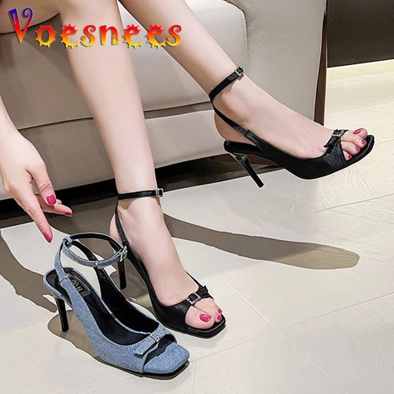 

2023 Summer Fashion Denim High Heels 9CM Everyday Buckle Strap Sandals Black Silk Party Shoes For Women Street Walking Size 39