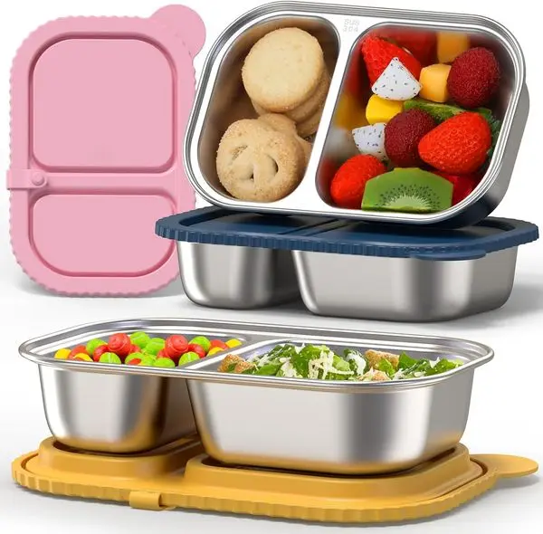 

3 Pack StainlSteel Snack Containers with Silicone Lids, Reusable 2 Compartment Food Storage Containers, StainlSteel Box for