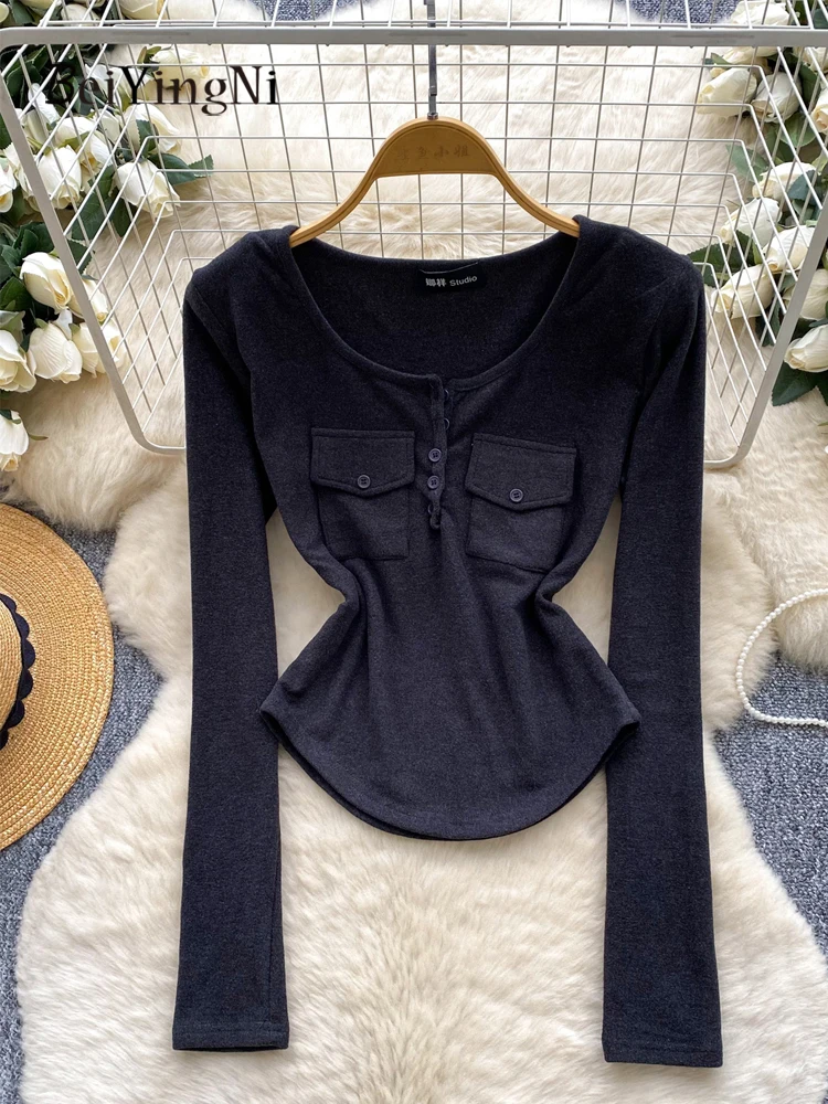 Beiyingni Sexy O-Collo Manica Lunga T-Shirt Donna Tinta Unita Bottoni Sottili Casual Stile Coreano T-Shirt Femminili Y2K Caffè Magliette e camicette