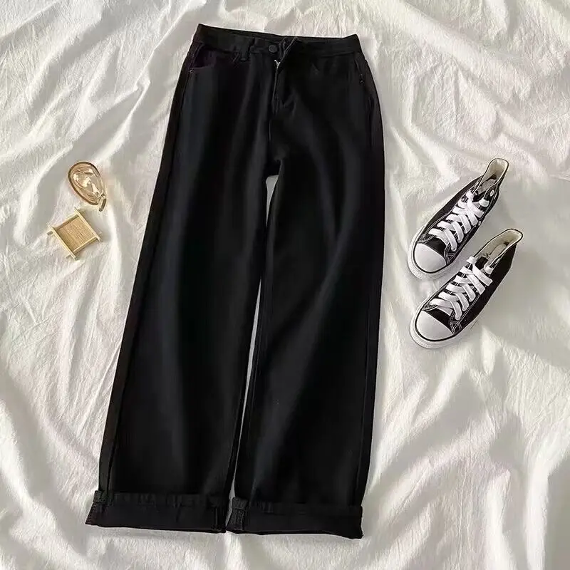 

Свободные корейские студенческие винтажные широкие джинсы с высокой талией, женские большие размеры 200, длинные брюки Pou Fat MM