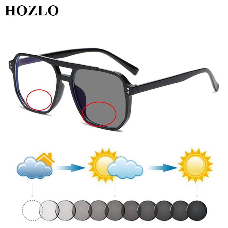 

Double Bridge Rivet Pilot Bifocals Photochromic Reading Glasses Women Men Retro Sun Automatic Discoloration Hyperopia Sunglasses