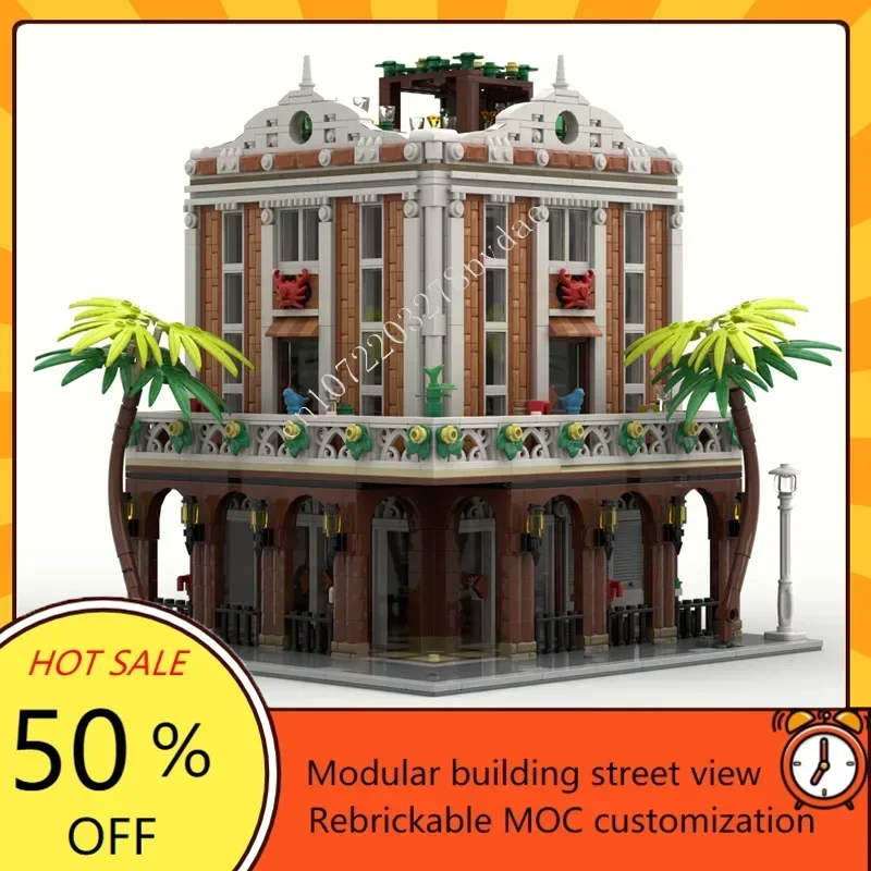 Custom 2120PCS Red Crab Resto Bar Modular MOC Street View Model Creative Architecture DIY Educational Building Puzzle Toy Gift
