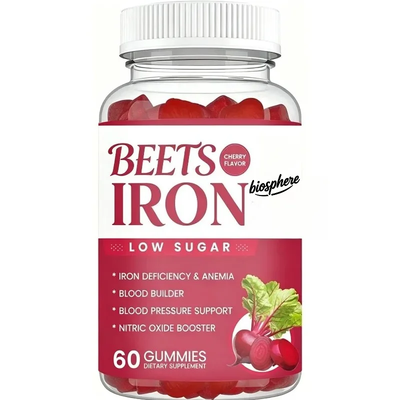 Beetroot gummies contain vitamin C, iron, beetroot powder, folate, and vitamin B
