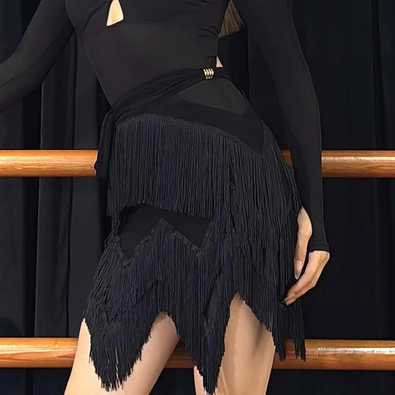 ZS Hollow out Belted Latin Dance กระโปรงไม่สมมาตรกระโปรงผู้หญิงพู่ f Body ผู้ใหญ่ชุดเต้นรํา