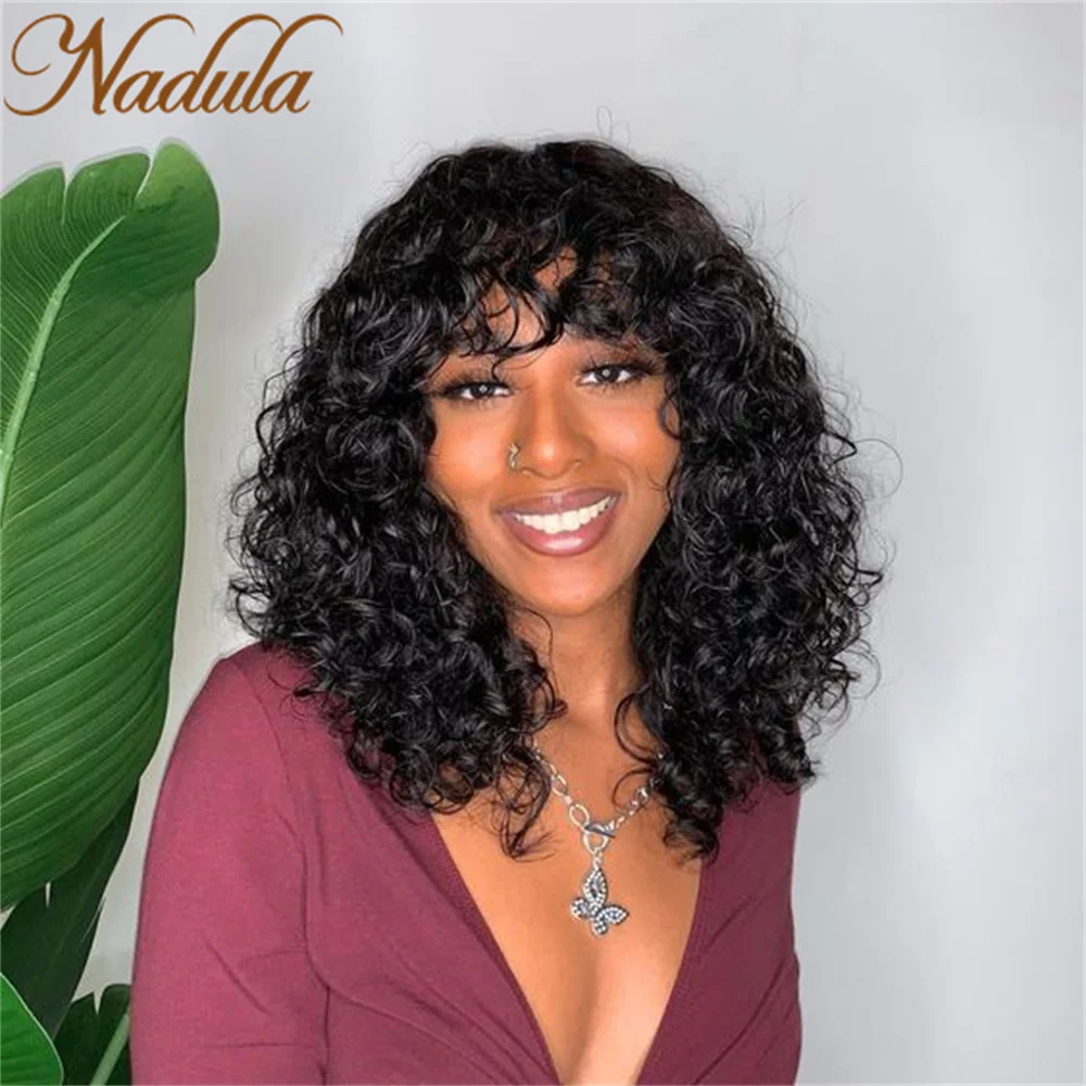 Nadula Hair Glueless Wolf Cut Short Bob Wig With Bangs Upgrade Breathable Air Wig Black Curly Hair 100% Human Hair Full Machine