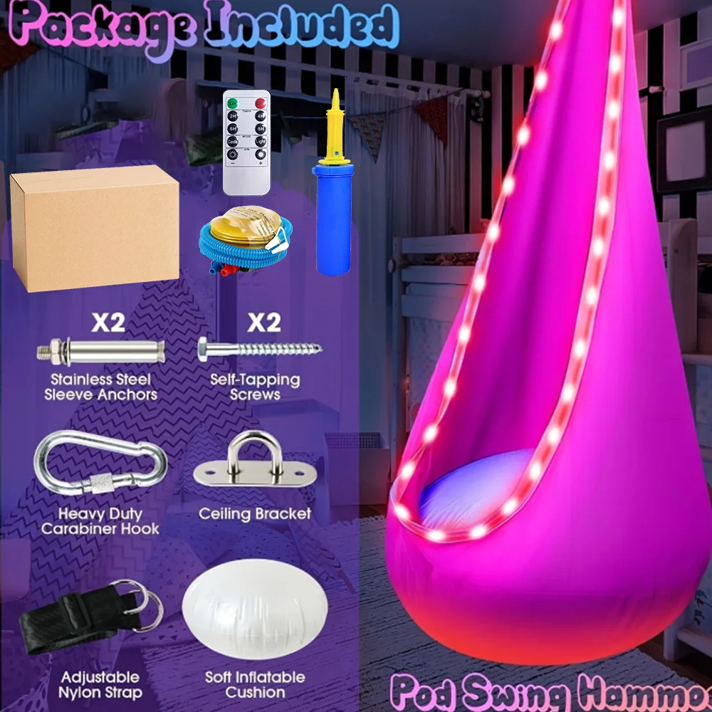Assento de balanço infantil com luz LED Cadeira de balanço sensorial infantil Cadeira de rede de terapia interna e externa com kit de cabide para TDAH