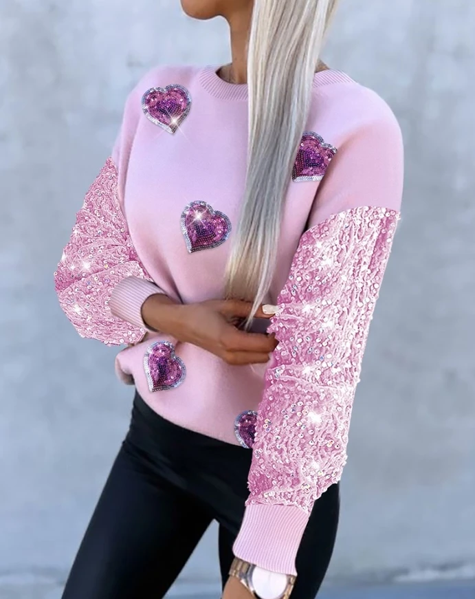 Women's Sweater 2024 Winter Fashion New Style Heart Pattern Contrast Sequin O-Neck Long Sleeve Sweet Pullover Top