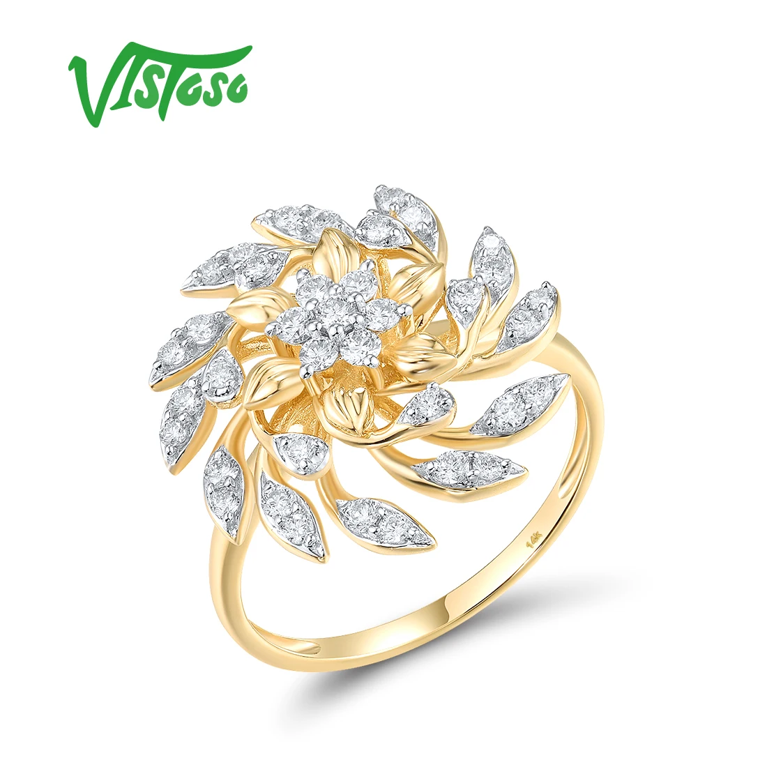 VISTOSO Pure 14K 585 Yellow Gold Rings For Women Sparkling Diamonds Exquisite Blooming Flower Wedding Party Gifts Fine Jewelry