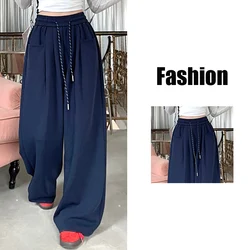 Autumn Women Streetwear High Waisted Outside Casual Long Pants Lady Fashion Navy Blue Gray Drawstring Wide Leg Baggy Trousers