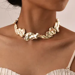 Statement Women's Lava Choker Necklace, Geometry Metal Liquid 14k Gold Plated Collar Necklaces Ins Style Minimalist Jewelry