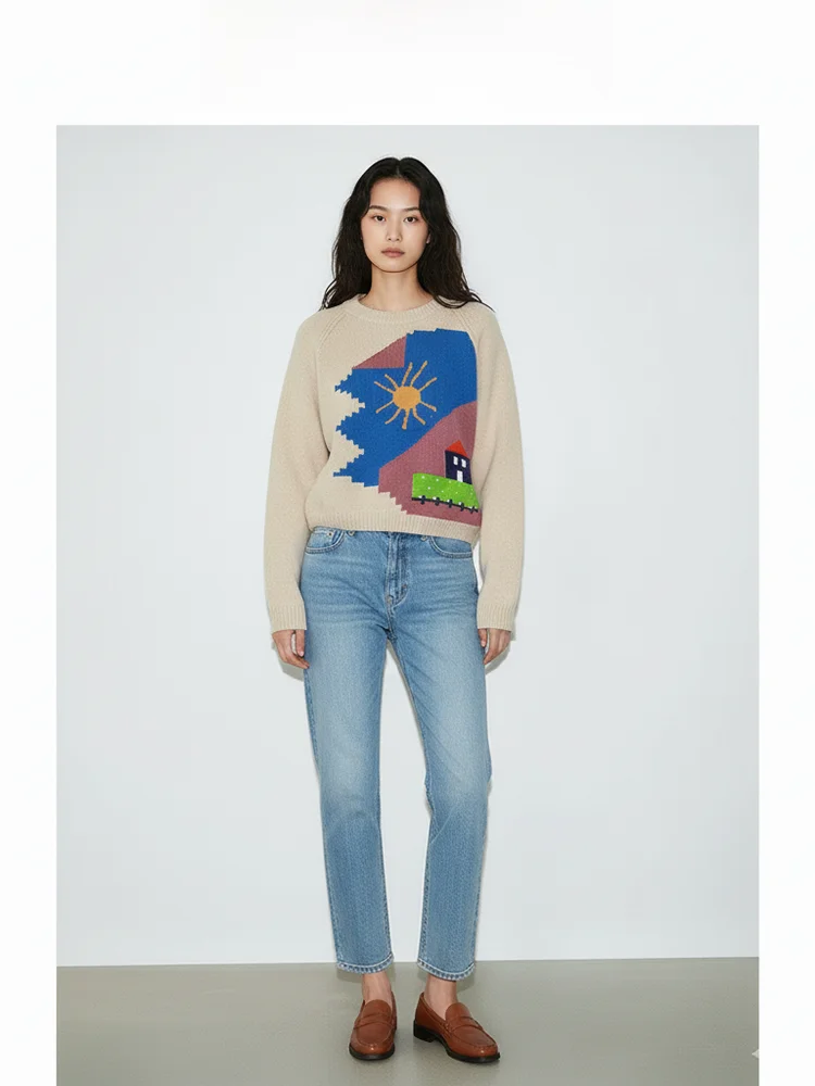 

Autumn Winter Knitted Sweater Thi Yarn Overhead round Ne oulder Insertion Sve Women's Loose Fit Long Sve Woolen K...