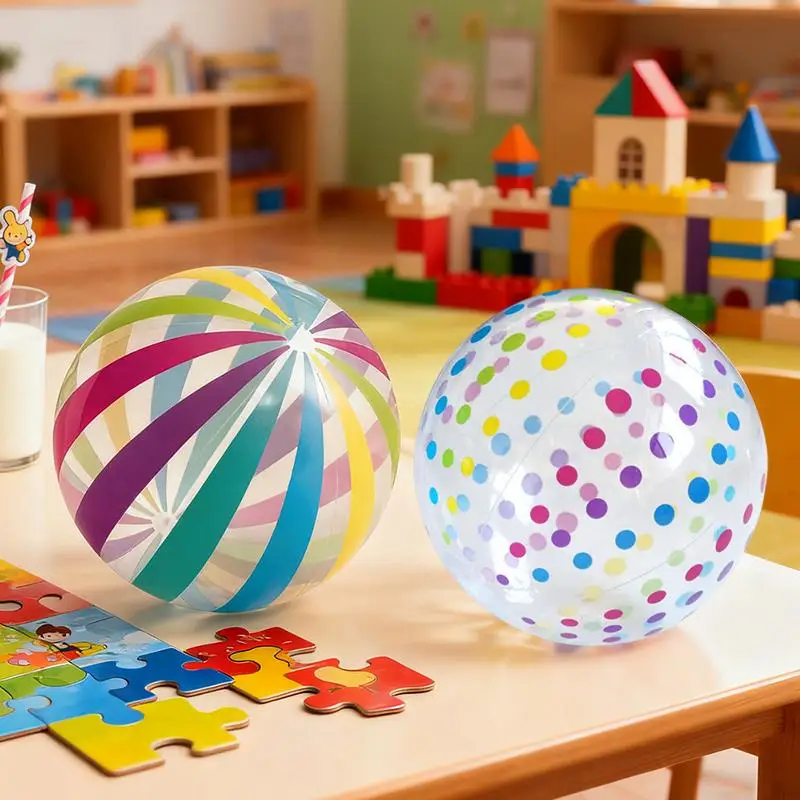 Colorful Dots & Stripes PVC Inflatable Ball - Transparent Printed Toy For Pool Parties, Family Games, Kids Play, Indoor/Outdoor