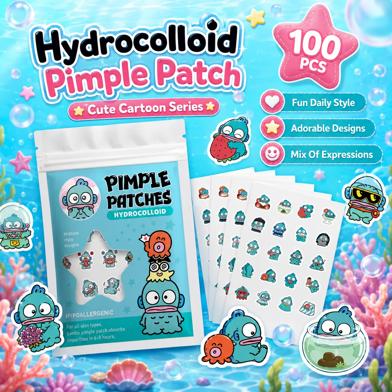 100PCS hello kitty Acne patches, facial acne patches, hydrogel acne removal patches, concealer