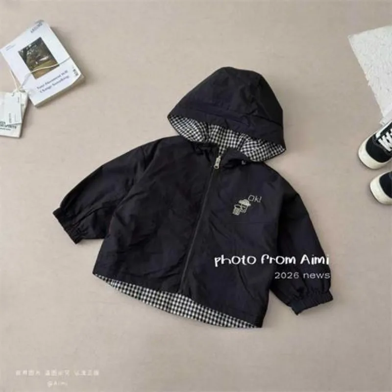 Children's Reversible Jacket 2026 Spring Autumn New Korean Style Hooded Coat Boys Girls Fashion Outerwear