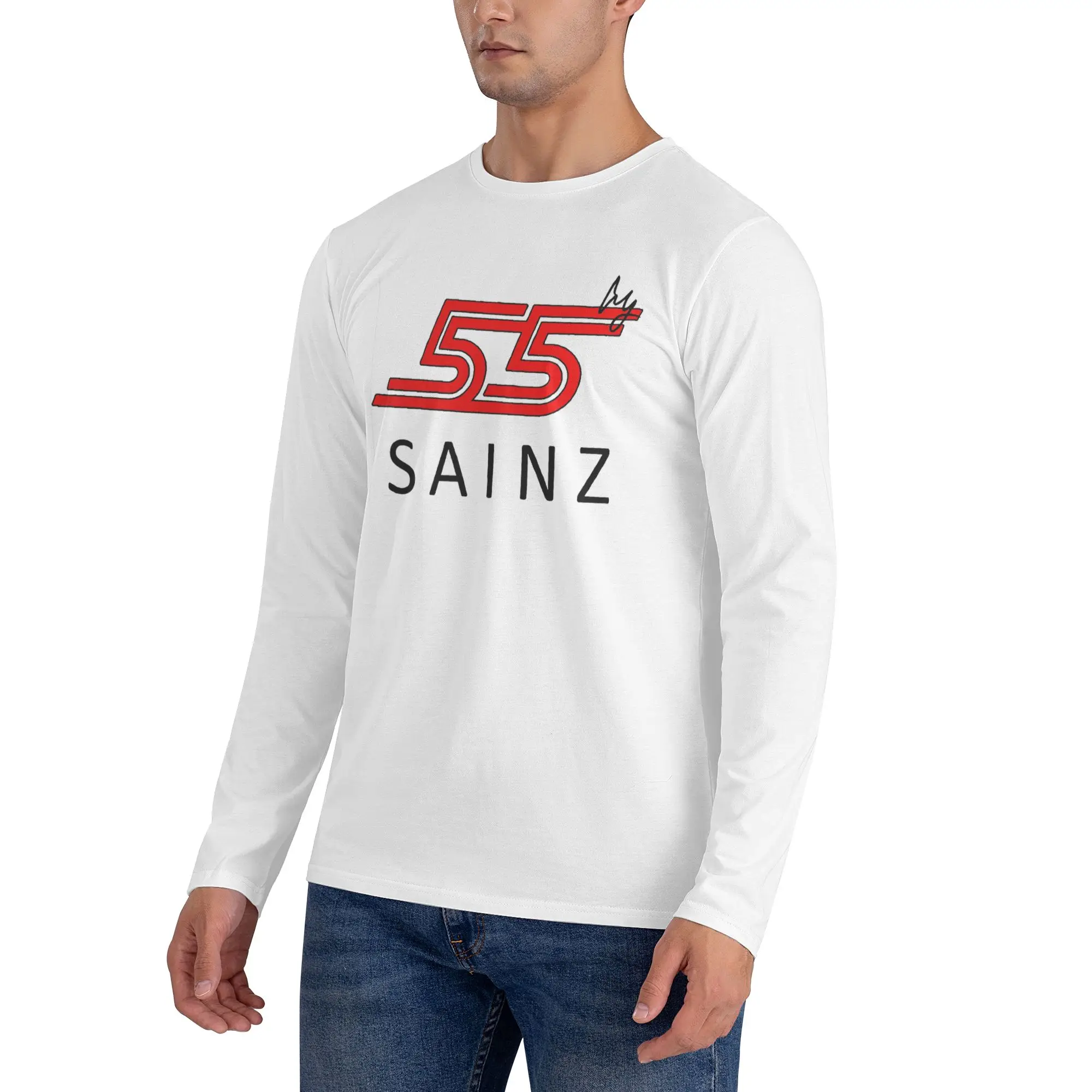 تي شيرت كارلوس ساينز جونيور F1 Signature Graphic - تي شيرت رجالي داكن بأكمام طويلة ورقبة مستديرة تي شيرت رجالي للربيع والخريف