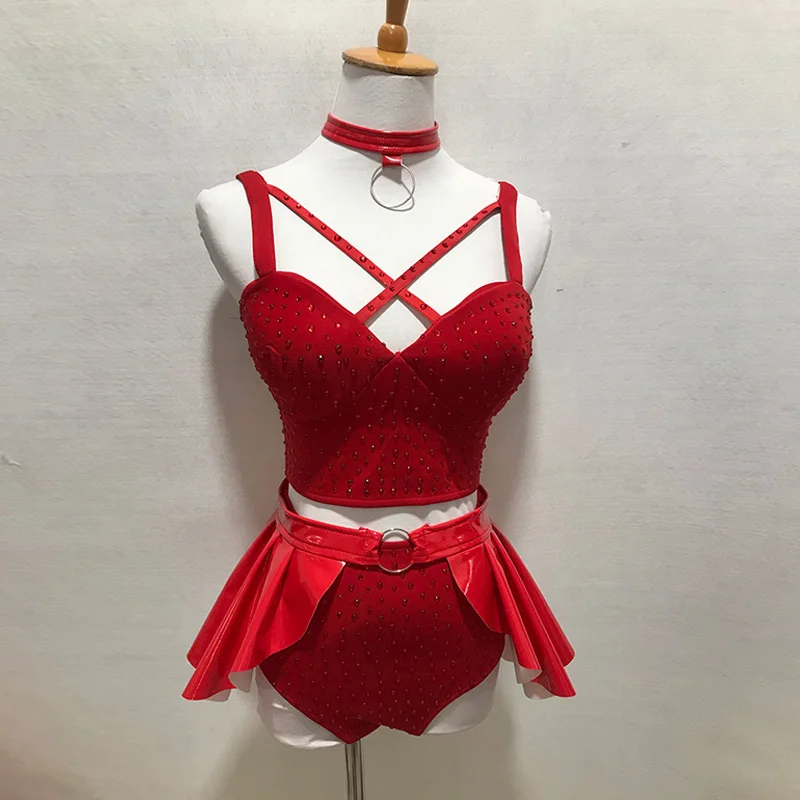 

Gogo Dance Costume Red Rhinestone Dance Pole Outfit Nightclub Bar Ds Dancewear Drag Costumes Sexy Bikini Festival Rave Wear 3100