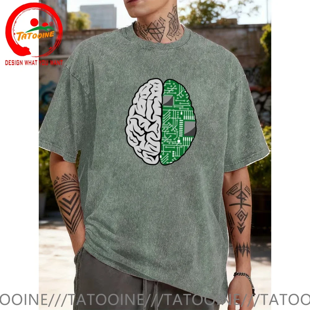 Vintage Washed Cotton T-Shirt Funny Designer CPU Brain T Shirt Men Fashion Trendy Casual Clothing Stylish Tops Tees