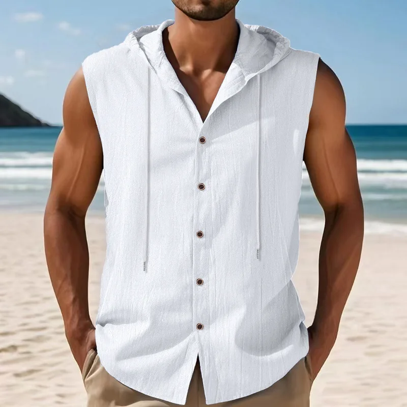 Loose Casual American Style Men's Summer Linen Hooded Sleeveless Shirt Hip Hop Trendy Top Comfortable Breathable Garment