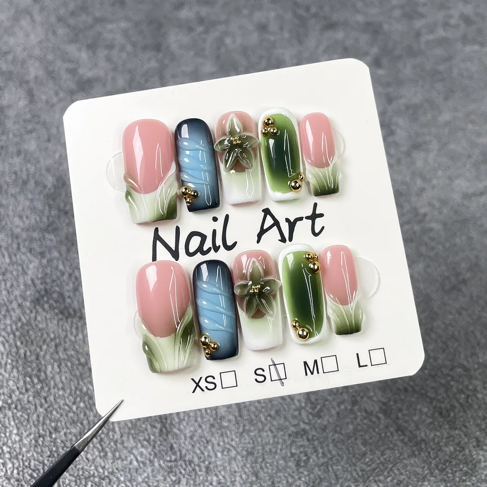 10 Uñas Postizas Hechas a Mano con Flores Verdes 3D, Francesas, Adhesivas 2