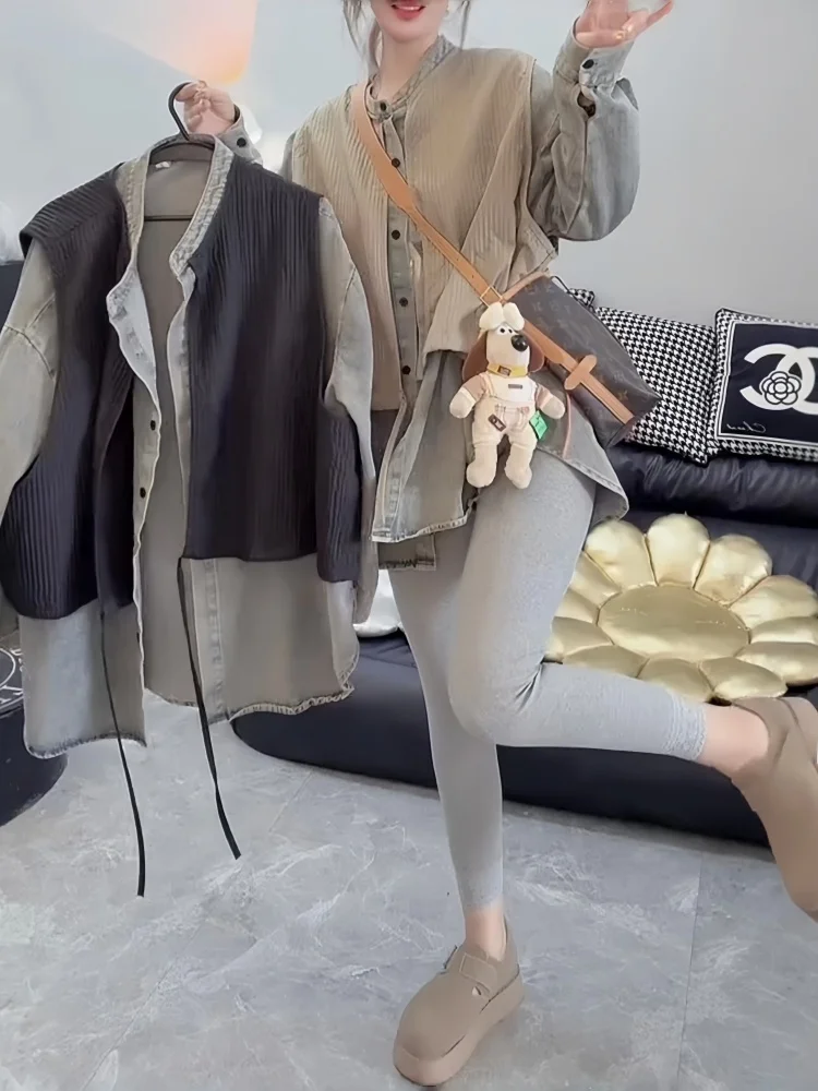 ゆったりフィットデニムシャツジャケット レディース 秋ファッションセット カジュアル ハイウエスト ラウンドネック ボタン留め 通気性 ミッドシル