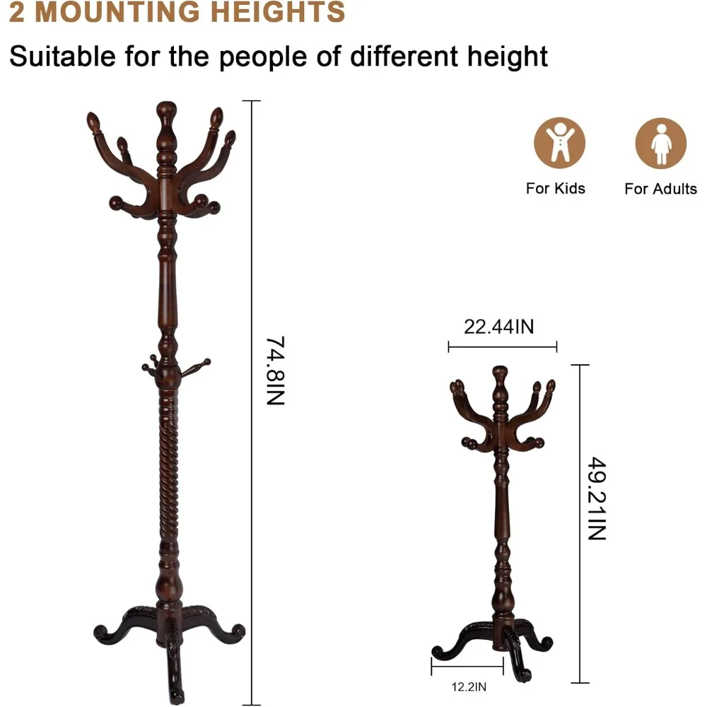 Solid Wood Coat Rack, Free Standing Hall Coat Tree with 11 Hooks, 2 Height Options, 270lbs Load, Stury Base, Clothes Rack for En