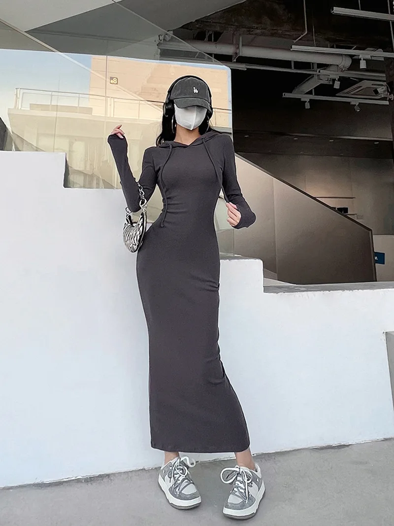 نمط الشارع فتاة حار مقنعين Bodycon فستان طويل الأكمام الرغبة النقية الخصر Cinching التخسيس التفاف حول تنورة طويلة #3