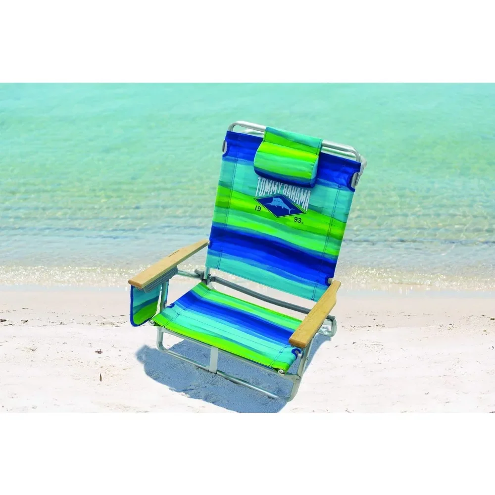 5-Position Classic Lay Flat Folding Backpack Beach Chair, Blue and Green Stripe , 23