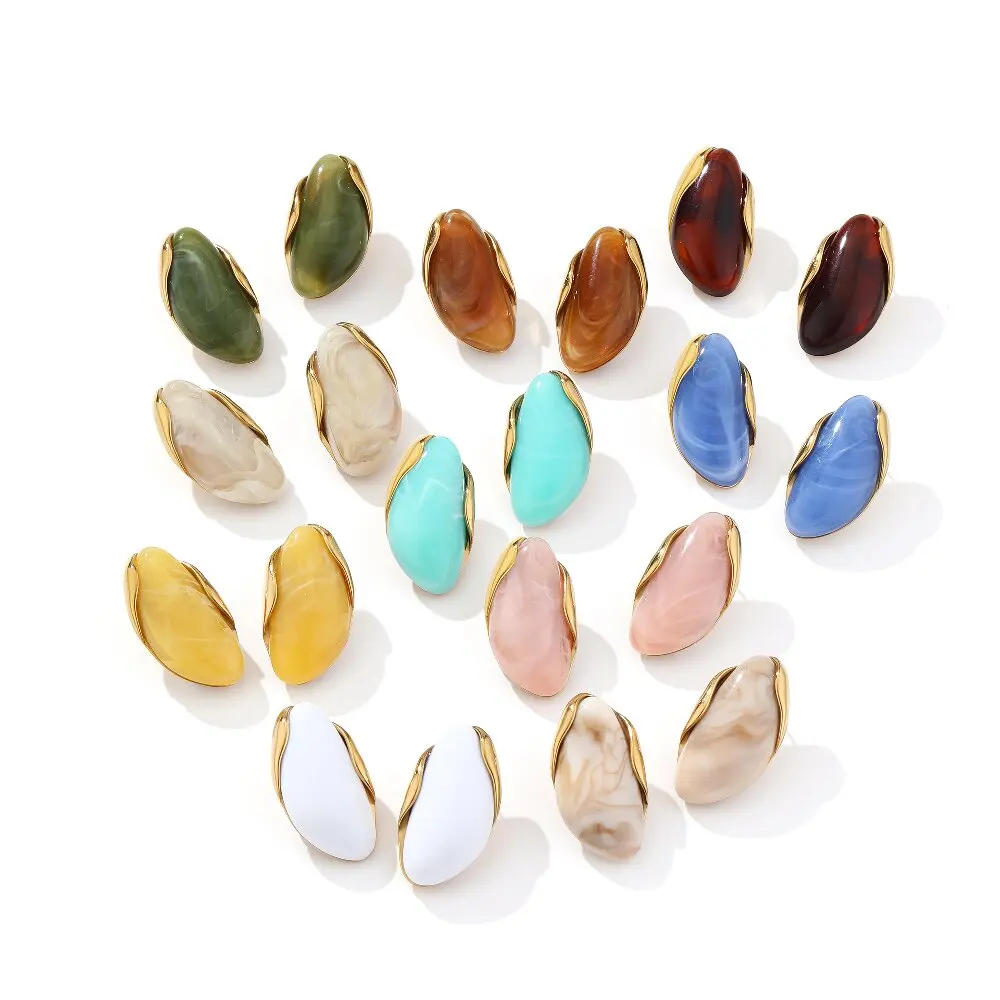 Waterproof 14K Gold Plated Stainless Steel Earrings Multicolor Marble Finish Resin Acrylic Mussel Shell Stud Jewelry for Women