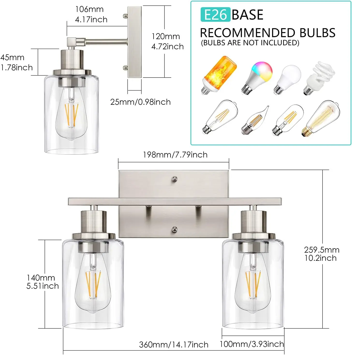 2-Light Brushed Nickel Bathroom Vanity Light Fixture, Clear Glass Shade for Mirror, Modern Wall Mounted Lighting for Bathroom, Bedroom, Hallway
