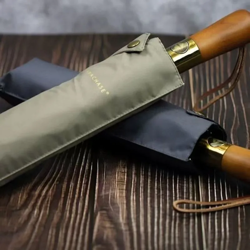 

Fully Automatic Wooden Handle Umbrella Men High End Business Folding Umbrella UV Protection Women's Parasol Sunny and Rainy Use