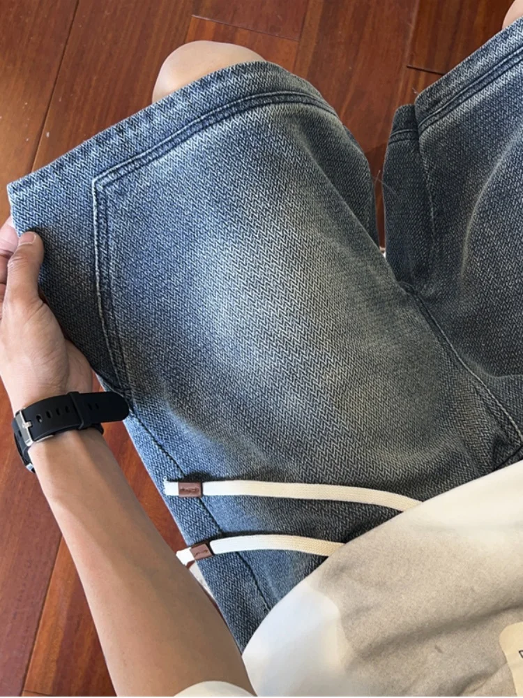 

Summer Thin Casual Loose Men's Denim orts Starry Pattern Straight Leg Wide Leg Five-Quarter Pants American Retro Sle