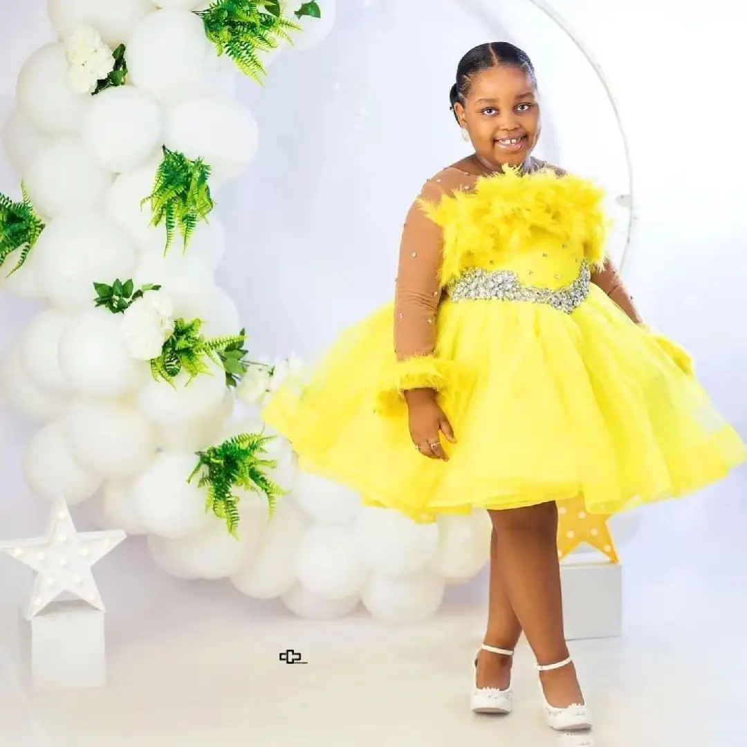 Yellow Feather Girls Birthday Party Dress Customized Flower Girl Dresses Long Sleeve Princess Queen Ball Gown for Photoshoot