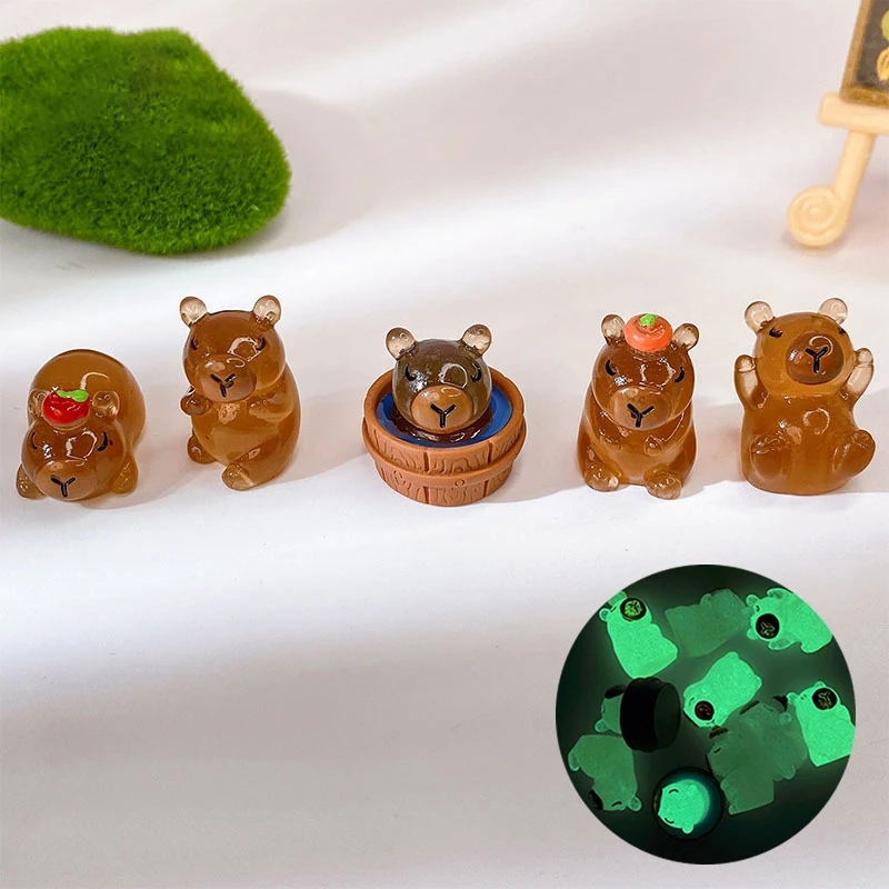 2Pcs Luminous Mini Capybara Resin Miniatures Glow At Night Fairy Garden Decoration DIY Ornament Cute Figurines Desk Decoration