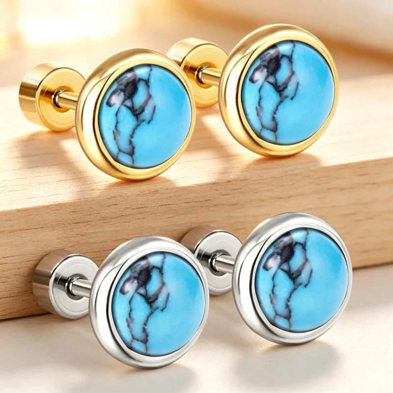 ASONSTEE Vintage Blue Stone Stud Earrings For Women 316L Stainless Steel Anti-allergy Gold Silver Color Cartilage Earring Bijoux